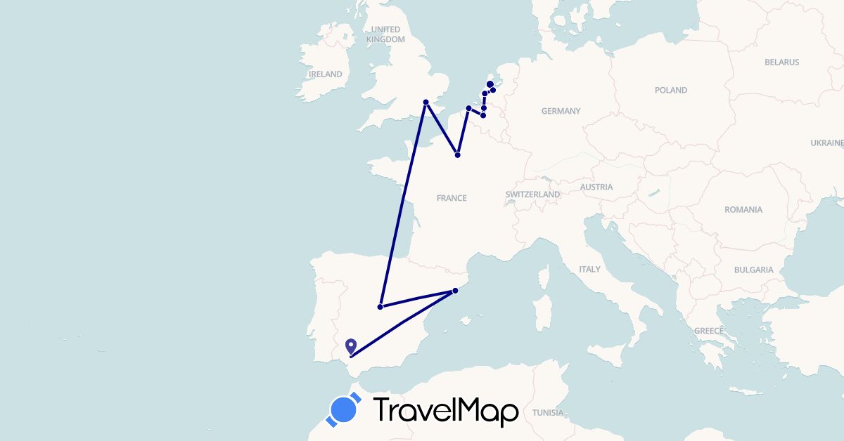 TravelMap itinerary: driving in Belgium, Spain, France, United Kingdom, Netherlands (Europe)